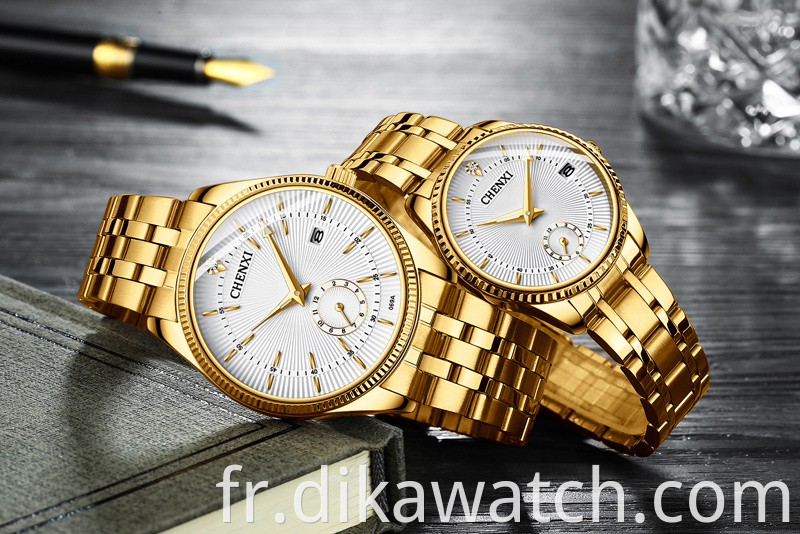 Hot 069 CHENXI All Gold Couple Watch Fashion Simple et beau calendrier Montre à quartz